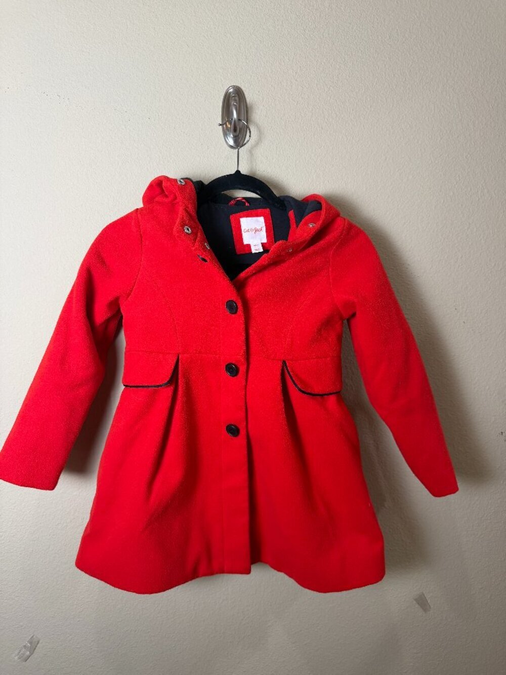 Cat & Jack Red Coat with Fur Trim & Black Piping Size 6X/7 - Picture 2 of 9